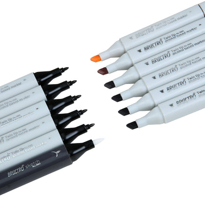 BRUSTRO Twin Tip Alcohol Based Marker Set of 12 - Warm Greys in Crossline PP See Through Box