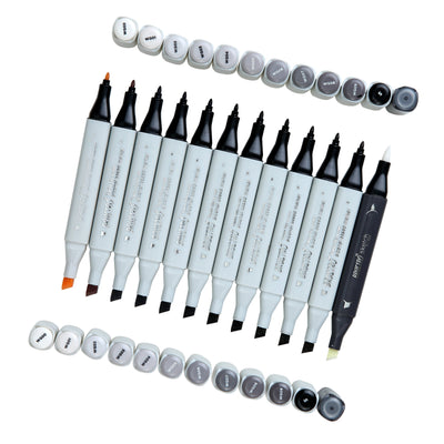 BRUSTRO Twin Tip Alcohol Based Marker Set of 12 - Warm Greys in Crossline PP See Through Box