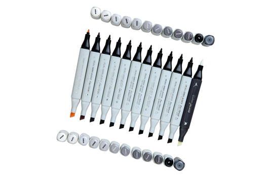 BRUSTRO Twin Tip Alcohol Based Marker Set of 12 - Warm Greys in Crossline PP See Through Box