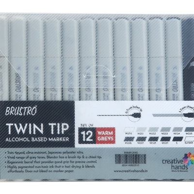 BRUSTRO Twin Tip Alcohol Based Marker Set of 12 - Warm Greys in Crossline PP See Through Box