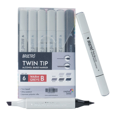 BRUSTRO Twin Tip Alcohol Based Marker Set of 6 - Warm Greys Set B in Crossline PP See Through Box