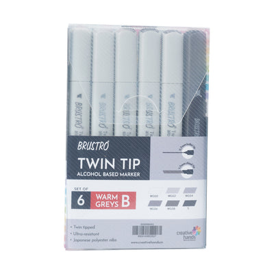 BRUSTRO Twin Tip Alcohol Based Marker Set of 6 - Warm Greys Set B in Crossline PP See Through Box