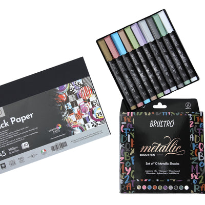 BRUSTRO Metallic Brush Pens Set of 10 Colors with Black Paper A5