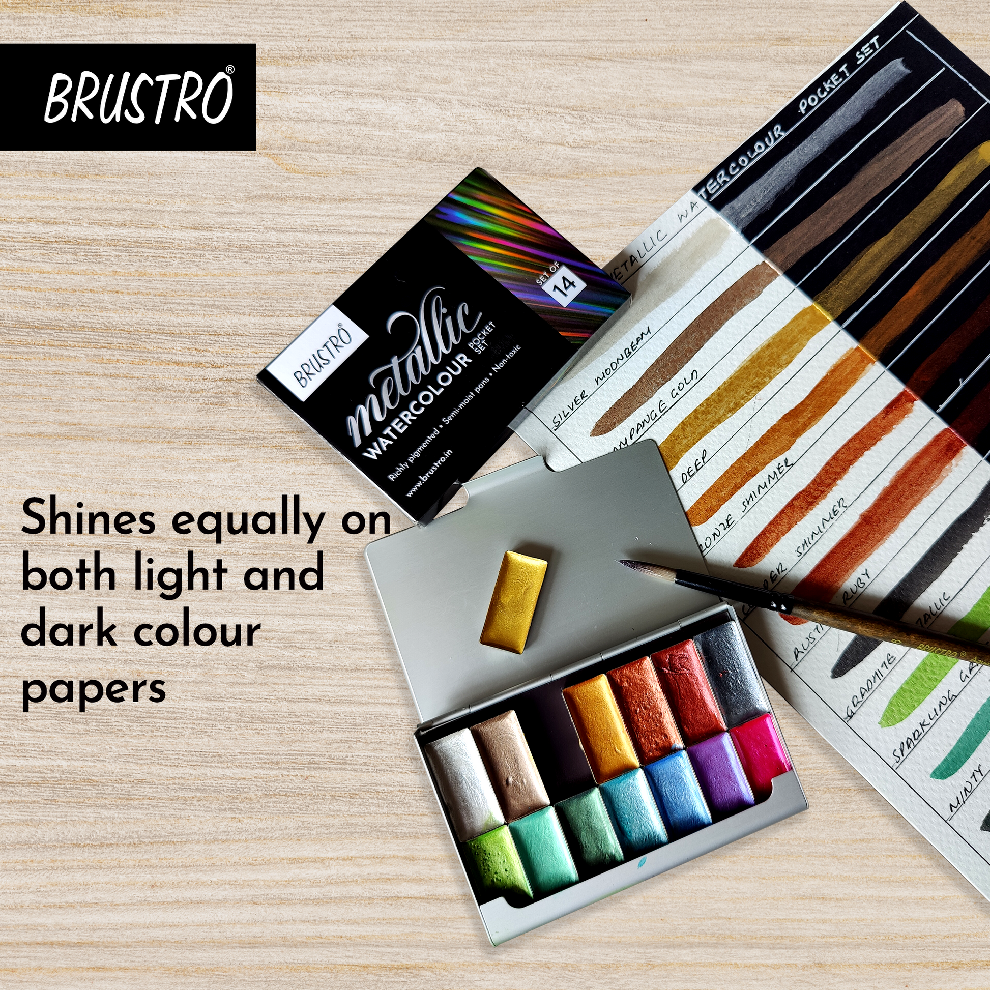 BRUSTRO Artist Metallic Watercolour Half Pans Set of 14