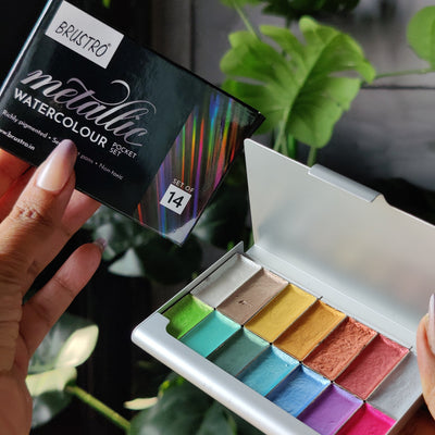 BRUSTRO Artist Metallic Watercolour Half Pans Set of 14 with Brustro VelveTouch Artist Brush Set of 6