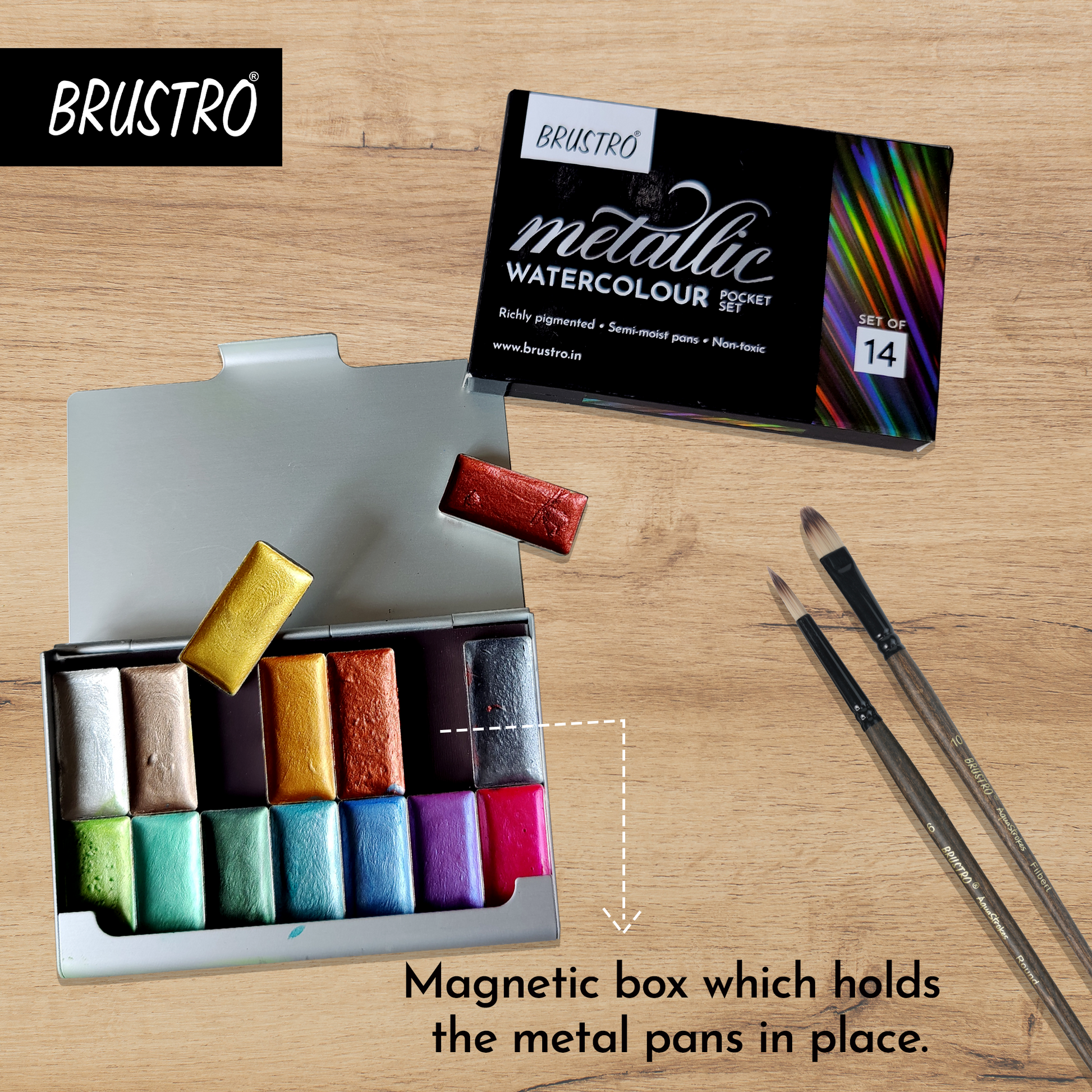 BRUSTRO Artist Metallic Watercolour Half Pans Set of 14