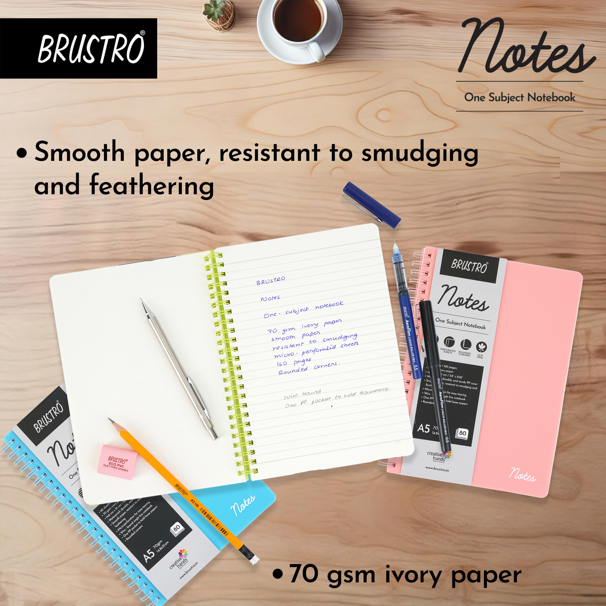 BRUSTRO Notes A5 Size,1 Subject Ruled Notebooks (Set of 5),80 sheets/160 pages,70 gsm ivory paper, Caramel/Aqua/Lime/Blush/Slate Cover,