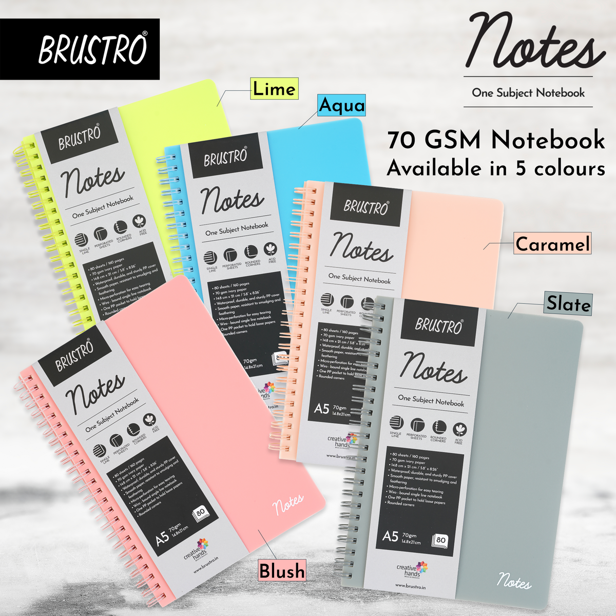 BRUSTRO Notes A5 Size,1 Subject Ruled Notebooks (Set of 5),80 sheets/160 pages,70 gsm ivory paper, Caramel/Aqua/Lime/Blush/Slate Cover,