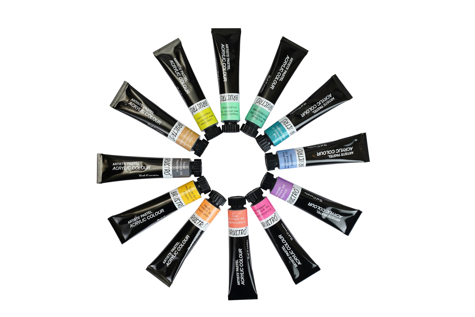 BRUSTRO Artist's Acrylic Pastel Colour |  Set of 12 Colors X 12ml Tubes | Ideal for Paper, Canvas, Shading, Portrait, Coloring, Inter-mixable, Perfect for Artists and Crafters