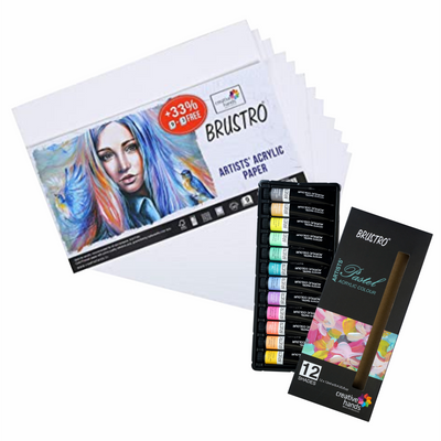 BRUSTRO Artists ’ Acrylic Pastel Colour Set of 12 Colours X 12ML Tubes with 400 GSM A4 Size Paper (Pack of 9 + 3 Free Sheets)
