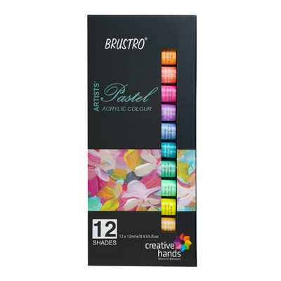 BRUSTRO Artists’ Acrylic Color Set of 12 Colors X 12ML Tubes, Pastel Shades, with 3 Medium Grain 100% Cotton Canvas Boards Sizes (8x10, 10x12, 12x12) Inches