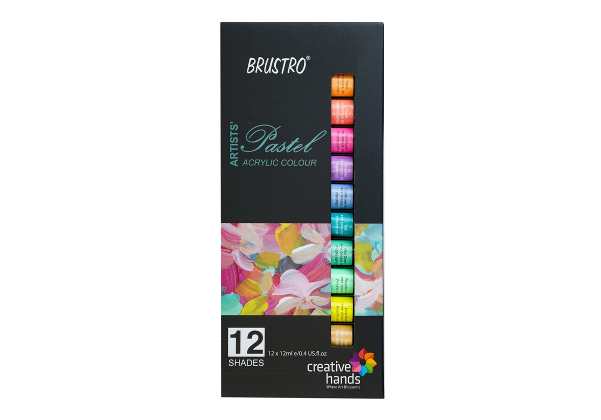 BRUSTRO Artists’ Acrylic Color Set of 12 Colors X 12ML Tubes, Pastel Shades, with 3 Medium Grain 100% Cotton Canvas Boards Sizes (8x10, 10x12, 12x12) Inches