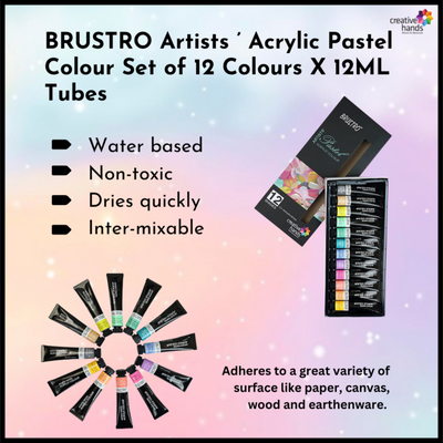 BRUSTRO Artists’ Acrylic Color Set of 12 Colors X 12ML Tubes, Pastel Shades, with 3 Medium Grain 100% Cotton Canvas Boards Sizes (8x10, 10x12, 12x12) Inches