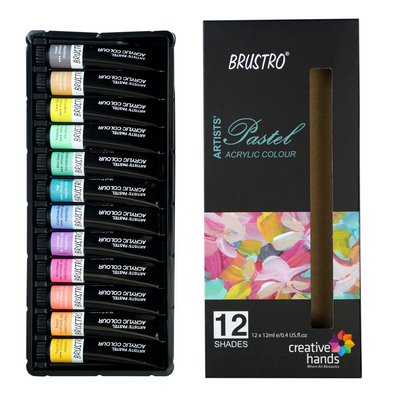 BRUSTRO Artists’ Acrylic Color Set of 12 Colors X 12ML Tubes, Pastel Shades, with 3 Medium Grain 100% Cotton Canvas Boards Sizes (8x10, 10x12, 12x12) Inches