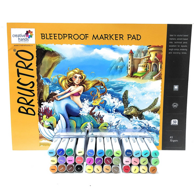Brustro Twin Tip Alcohol Based Marker Set of 12 Each of Basic A, B & C, with Brustro Bleedproof Marker Pad 70 GSM A3 (Contains 50 Sheets)