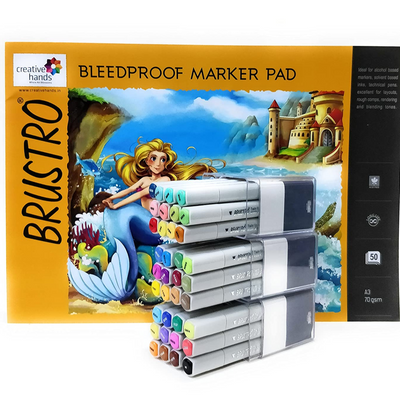 Brustro Twin Tip Alcohol Based Marker Set of 12 Each of Basic A, B & C, with Brustro Bleedproof Marker Pad 70 GSM A3 (Contains 50 Sheets)
