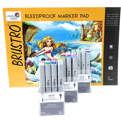 Brustro Twin Tip Alcohol Based Marker Set of 12 Each of Basic A, B & C, with Brustro Bleedproof Marker Pad 70 GSM A3 (Contains 50 Sheets)
