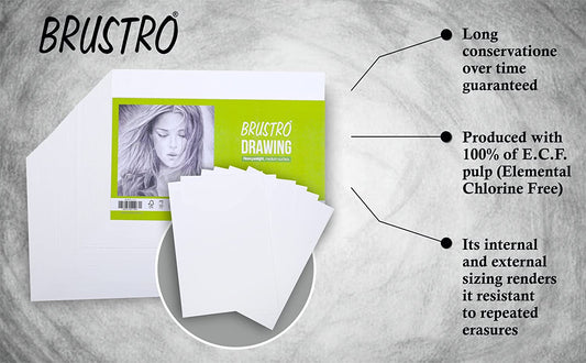 BRUSTRO Drawing Papers | 200 GSM, A3, Pack of 24 (20+4 Sheets) | Ideal for Students, Adults, School, Coloring, Professional Art, Craft, Graphite,Charcoal, Pastels, Sketching, Shading, Drawing,Portrait