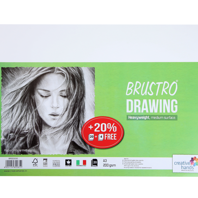 BRUSTRO Drawing Papers | 200 GSM, A3, Pack of 24 (20+4 Sheets) | Ideal for Students, Adults, School, Coloring, Professional Art, Craft, Graphite,Charcoal, Pastels, Sketching, Shading, Drawing,Portrait