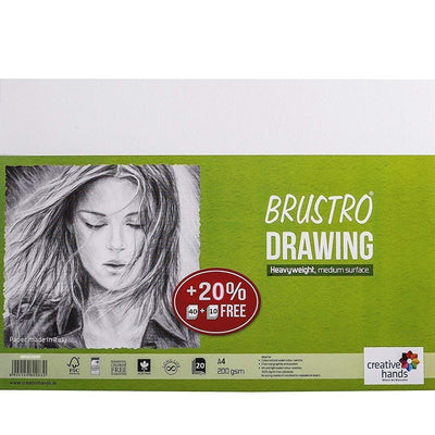 BRUSTRO Drawing Papers | 200 GSM, A4, Pack of 50 (40+10 Sheets) | Ideal for Students and Adults, School, Coloring, Professional Art, Craft, Graphite, Charcoal, Pastels, Sketching, Shading, Drawing