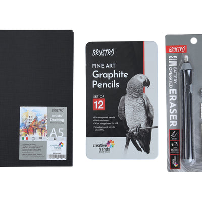 Brustro Slim Battery Operated Eraser + Graphite Pencil Set of 12 + A5 wiro Sketchbook