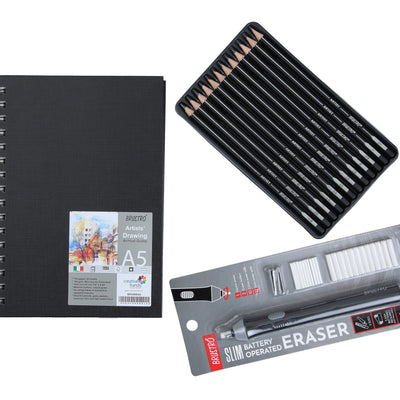 Brustro Slim Battery Operated Eraser + Graphite Pencil Set of 12 + A5 wiro Sketchbook
