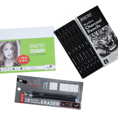 Brustro Slim Battery Operated Eraser + Woodless Charcoal Pencil + A5 Drawing Paper (32+8 Sheets)