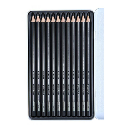 Brustro Artists’ Fineart Graphite Pencil Set of 12 (10B-2H) with 2 Brustro ECO-PVC Dust-free erasers and Brustro Pencil wrap (24 Slots) Canvas Roll Up Carry Case