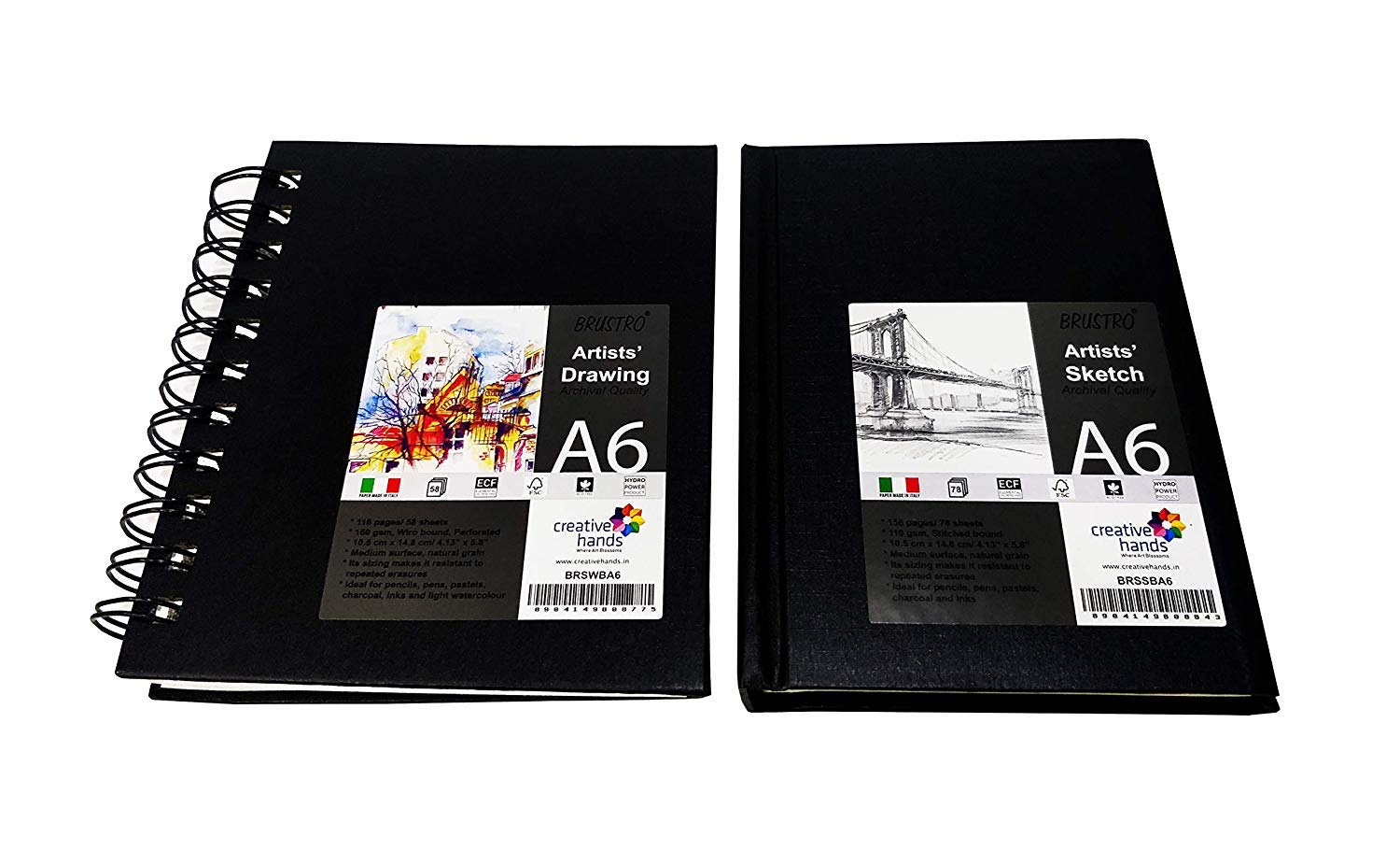 Brustro Artists Sketch Book A6 (Small) Size Stitched Bound 156 Pages 90 GSM, and Sketchbook A6 (Small) Size WIRO Bound, 116 Pages, 160 GSM (Acid Free)