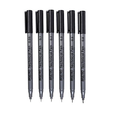 BRUSTRO Technical Pen Assorted Set of 6 with Artist Sketch Book 110 GSM A5 Wiro Journal (156 Pages)