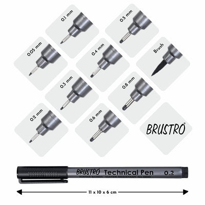 BRUSTRO Technical Pen Assorted Pack of 9 with Artist Sketch Book 110 GSM A5 Wiro Journal (156 Pages)