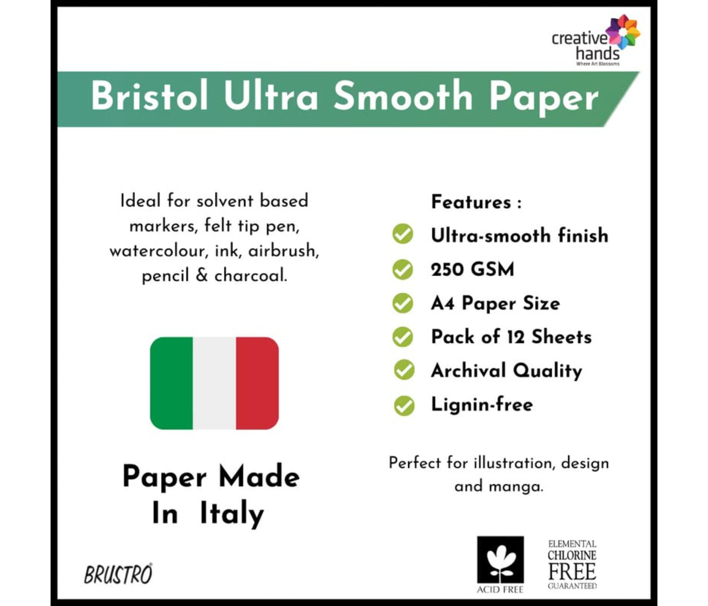 BRUSTRO Technical Pens Fineliner Set|Black| Set of 9|Ideal for Students,Adults|Doodle,Mandala,Fineart,Outline,Waterproof,Architecture,Technical Drawingwith Bristol Ultra Smooth A4 Size ( 20 +4 Sheets )