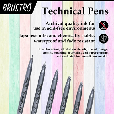 Brustro Technical Pen Fineliner Set|Black| Set of 6|Ideal for Students,Adults|Doodle,Mandala,Fineart,Outline,Waterproof,Architecture,Technical Drawing with Brustro Ultra Smooth Bristol 250 GSM A4 - (Pack of 12 Sheets)