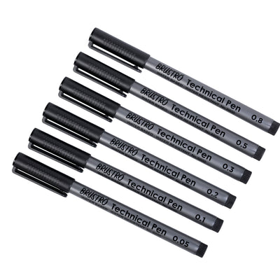 BRUSTRO Technical Pen Fineliner Set|Black| Set of 6| Tip Size- 0.05mmI0.1mmI0.2mm|0.3mmI0.5mmI0.8mm|Ideal for Students,Adults|Doodle,Mandala,Fineart,Outline,Waterproof,Architecture,Technical Drawing