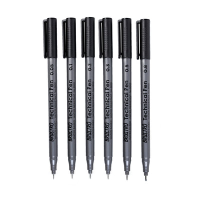 BRUSTRO Technical Pen Fineliner Set|Black| Set of 6| Tip Size- 0.05mmI0.1mmI0.2mm|0.3mmI0.5mmI0.8mm|Ideal for Students,Adults|Doodle,Mandala,Fineart,Outline,Waterproof,Architecture,Technical Drawing