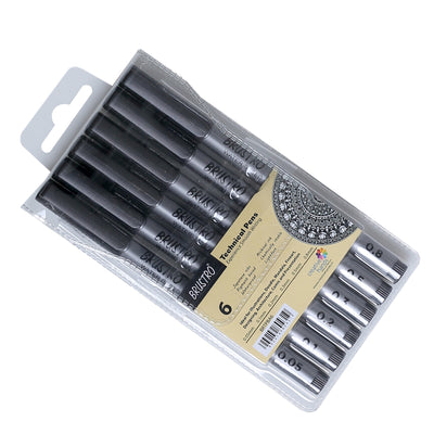 BRUSTRO Technical Pen Fineliner Set|Black| Set of 6| Tip Size- 0.05mmI0.1mmI0.2mm|0.3mmI0.5mmI0.8mm|Ideal for Students,Adults|Doodle,Mandala,Fineart,Outline,Waterproof,Architecture,Technical Drawing