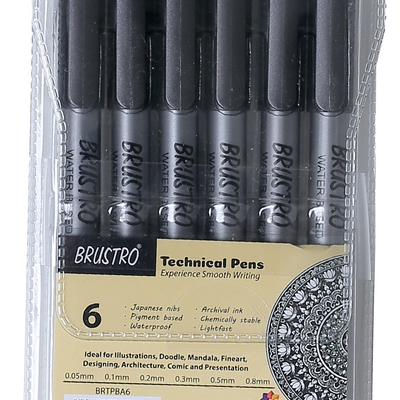 BRUSTRO Technical Pen Fineliner Set|Black| Set of 6| Tip Size- 0.05mmI0.1mmI0.2mm|0.3mmI0.5mmI0.8mm|Ideal for Students,Adults|Doodle,Mandala,Fineart,Outline,Waterproof,Architecture,Technical Drawing