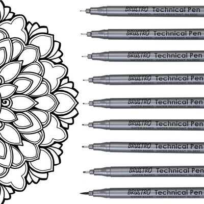 BRUSTRO Technical Pen Fineliner Set| Black| Tip Size- 0.05|0.1|0.2|0.3|0.4|0.5|0.6|0.8 mm| & Brush - Set of 9 | Ideal for Doodle,Mandala,Fineart,Architecture,Technical Drawing,Illustrations,Waterproof