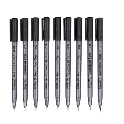 BRUSTRO Technical Pen Fineliner Set| Black| Tip Size- 0.05|0.1|0.2|0.3|0.4|0.5|0.6|0.8 mm| & Brush - Set of 9 | Ideal for Doodle,Mandala,Fineart,Architecture,Technical Drawing,Illustrations,Waterproof