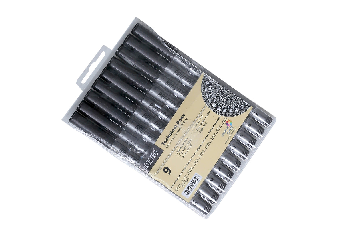 BRUSTRO Technical Pen Fineliner Set| Black| Tip Size- 0.05|0.1|0.2|0.3|0.4|0.5|0.6|0.8 mm| & Brush - Set of 9 | Ideal for Doodle,Mandala,Fineart,Architecture,Technical Drawing,Illustrations,Waterproof