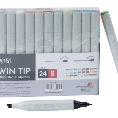 BRUSTRO Twin Tip Alcohol Based Marker Set of 24 Basic (B) in Crossline PP See Through Box