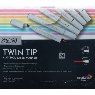 BRUSTRO Twin Tip Alcohol Based Marker Set of 24 Basic (B) in Crossline PP See Through Box