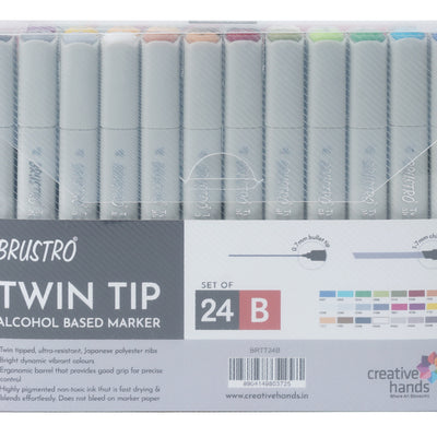 BRUSTRO Twin Tip Alcohol Based Marker Set of 24 Basic (B) in Crossline PP See Through Box