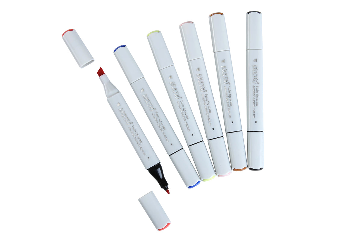 BRUSTRO Twin Tip Alcohol Based Marker Set of 6 in Crossline PP See Through Box - Tryout Set With random color selection