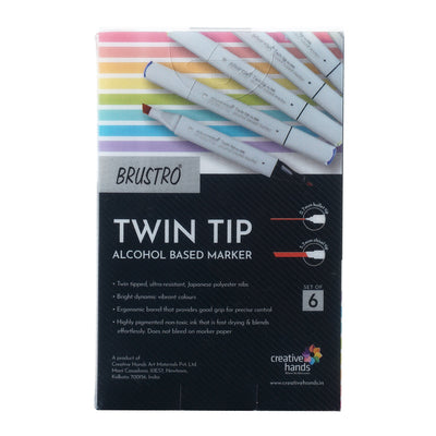 BRUSTRO Twin Tip Alcohol Based Marker Set of 6 in Crossline PP See Through Box - Tryout Set With random color selection