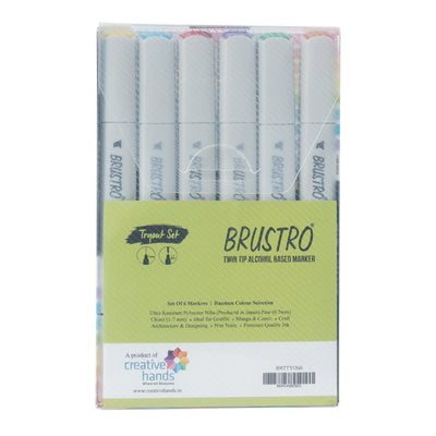 BRUSTRO Twin Tip Alcohol Based Marker Set of 6 in Crossline PP See Through Box - Tryout Set With random color selection