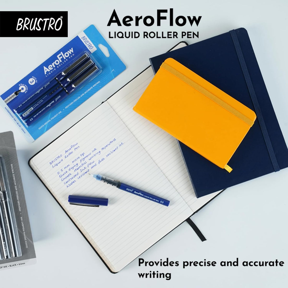 BRUSTRO AeroFlow Liquid Ink Rollerball Pens | Blue | 0.5mm, Micro Tip | Pack of 3| Ideal for Students, Professionals, Office, Exam use, Accurate Smooth Writing, Waterproof, Fade Resistant