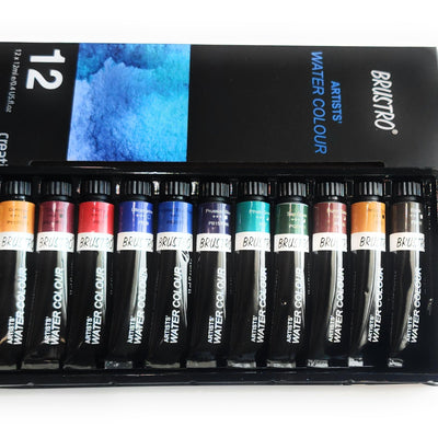 BRUSTRO Artist's Watercolour Paint | Set of 12 Colours X 12ML Tubes | Ideal for Landscape, Portrait, Paper, Painting, Artist, Professional watercolor, Transparent Colors, Painting Dry & Wet, Fine Art