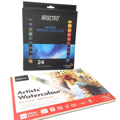 BRUSTRO Artists ’ Watercolour Set of 24 Colours X 12ML Tubes with Artist 25% Cotton Pad Cold Pressed 200 GSM A4 Pad 20 Sheets and Aqua Squeeze Leak Proof Brush Pen