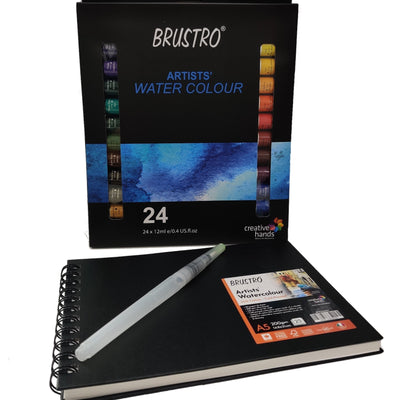 BRUSTRO Artists ’ Watercolour Set of 24 Colours X 12ML Tubes with Artist 25% Cotton Watercolour Journal Cold Pressed 200 GSM A5-25 Sheets and Aqua Squeeze Leak Proof Brush Pen